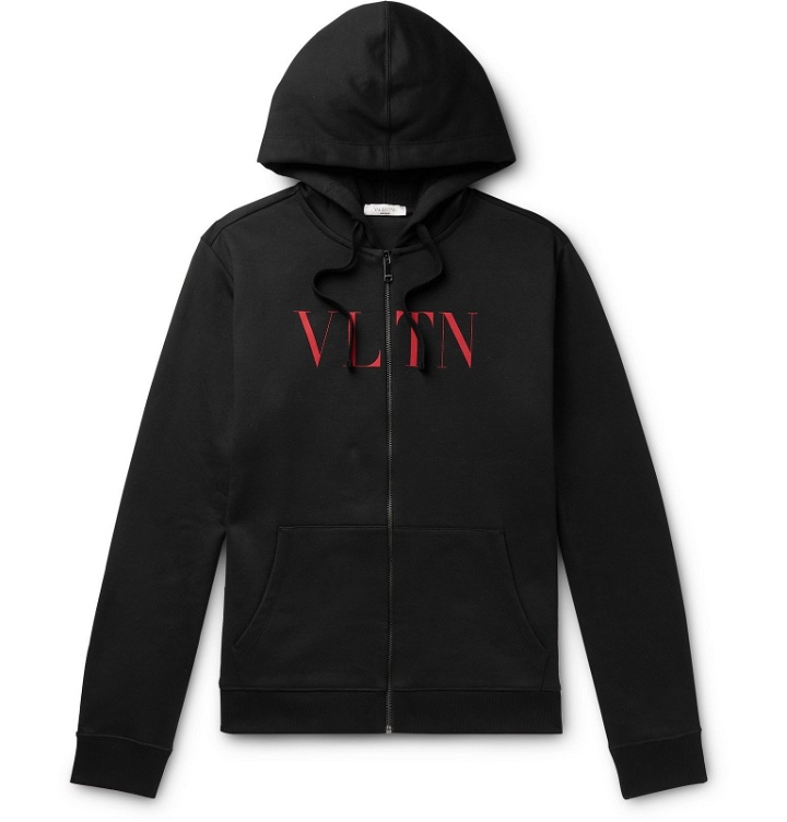 Photo: Valentino - Logo-Print Loopback Cotton-Blend Jersey Zip-Up Hoodie - Black