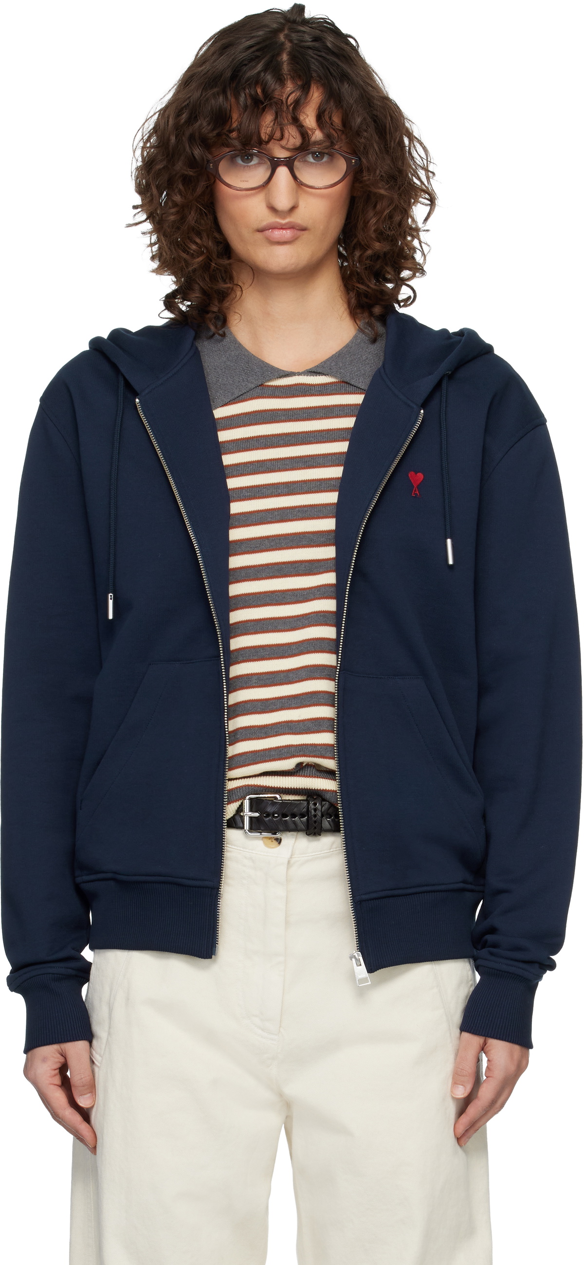 AMI Paris Navy Ami de Coeur Zipped Hoodie