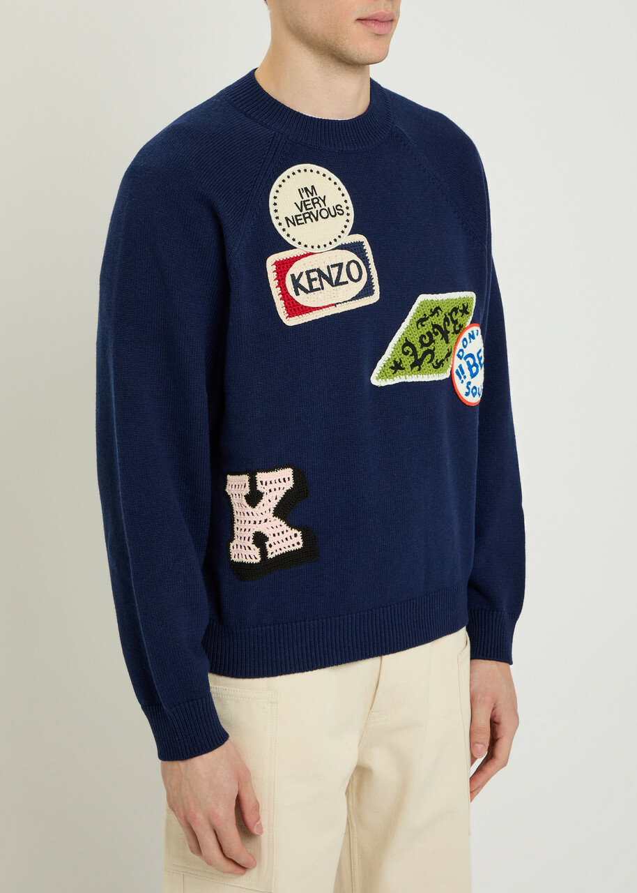 Kenzo Badges Appliquéd Cotton and Wool-blend Jumper Navy
