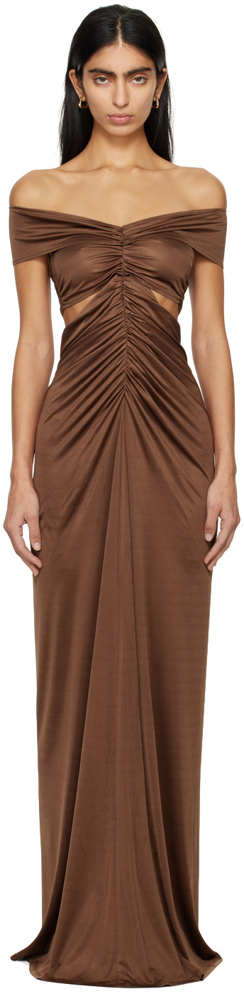 Atlein Brown Ruched Maxi Dress Atlein