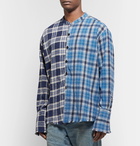 Greg Lauren - Grandad-Collar Distressed Checked Cotton-Flannel Shirt - Blue