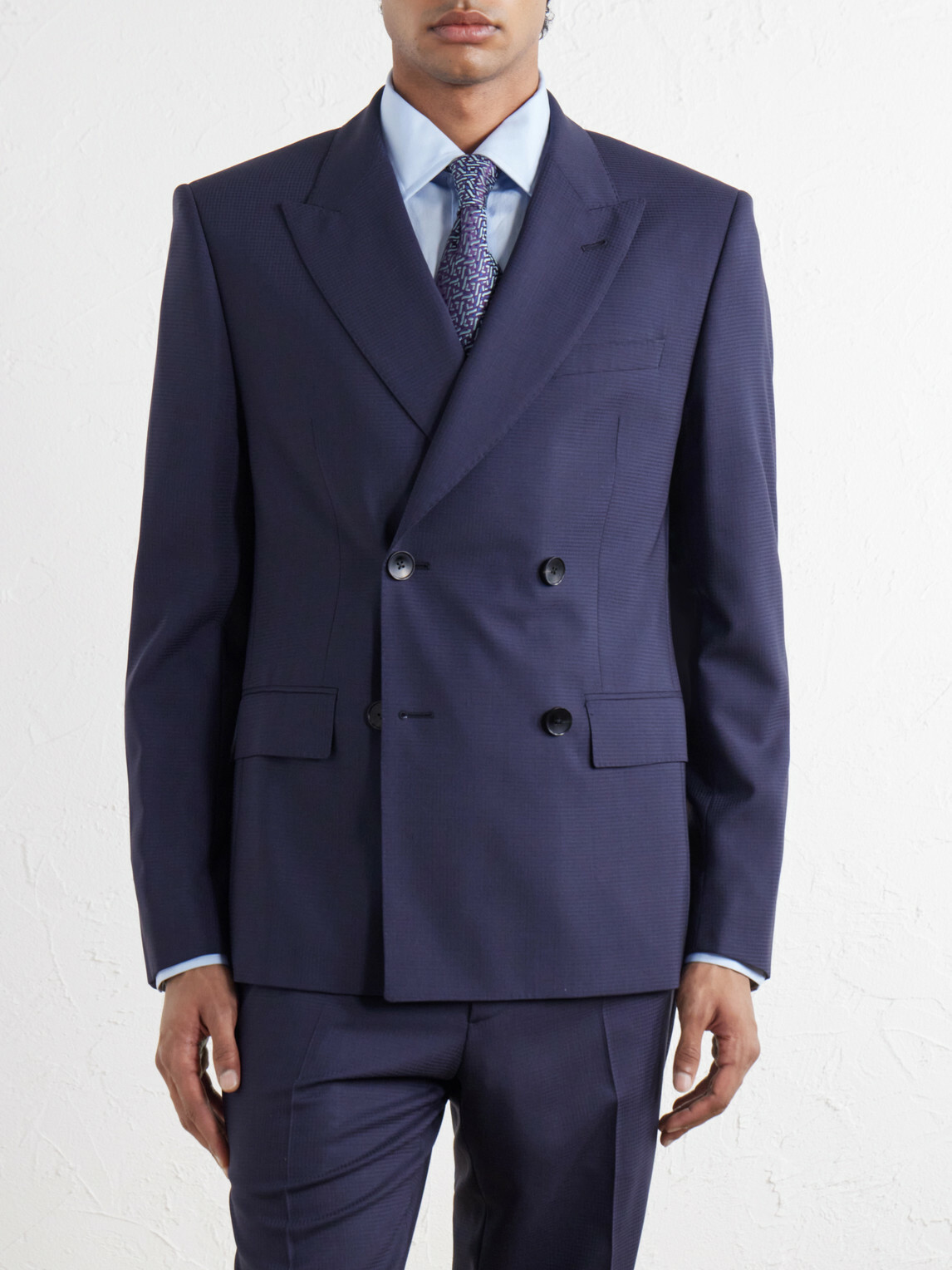 Mr P. - Houndstooth Wool Double-Breasted Suit Jacket - Blue