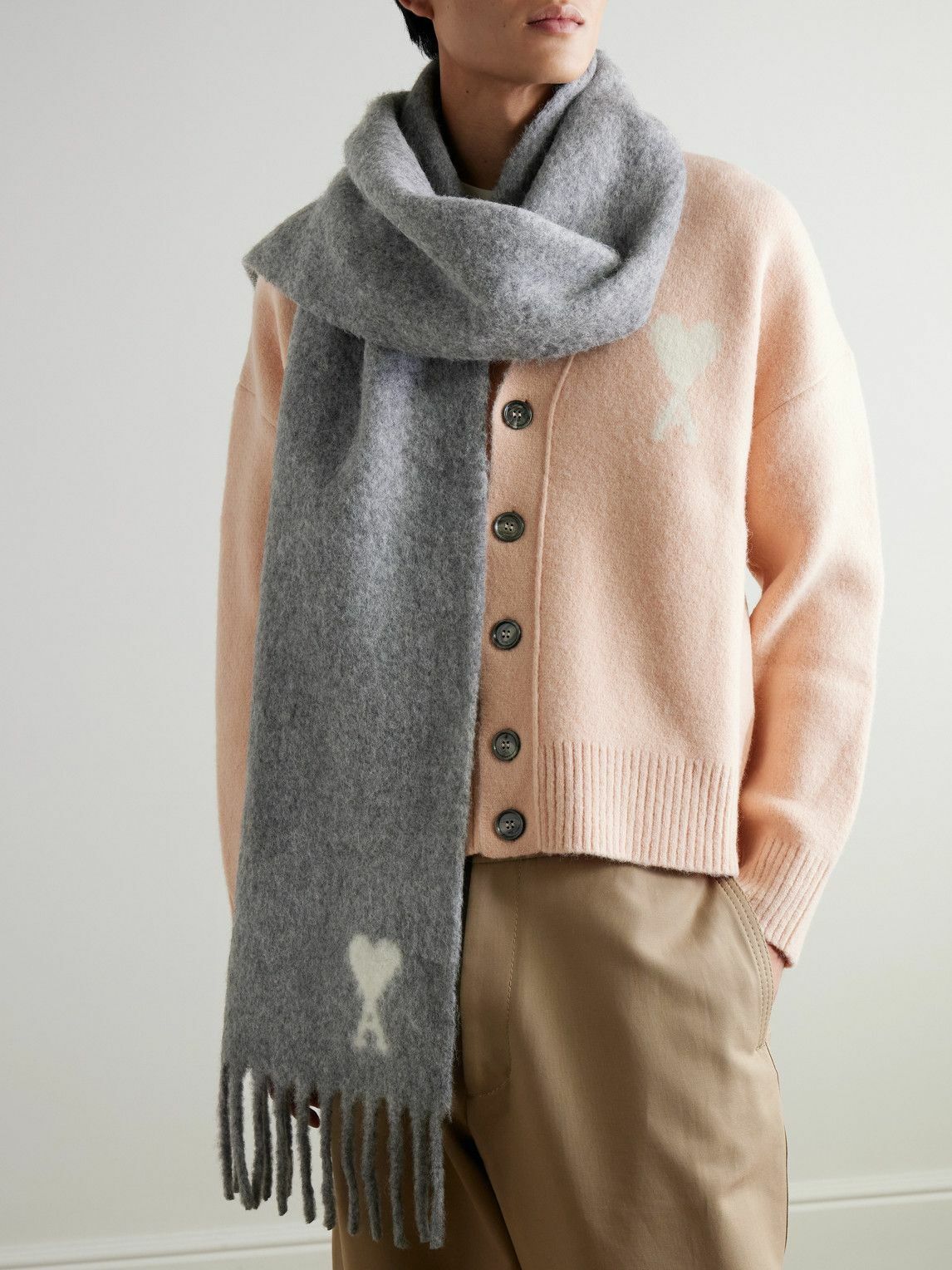 AMI PARIS - Logo-Intarsia Fringed Alpaca-Blend Scarf