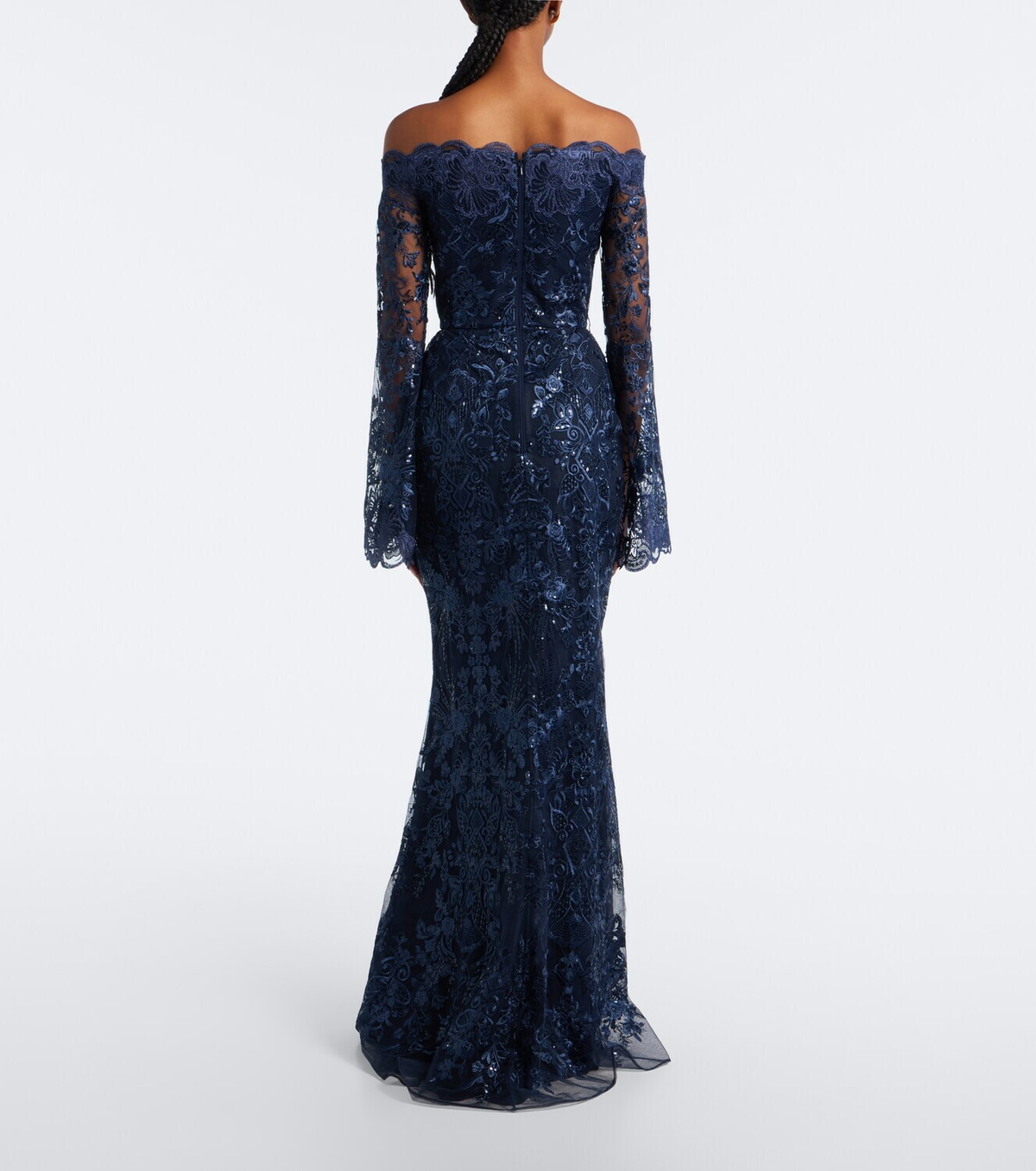 Elie Saab Sequined off-shoulder lace bustier gown