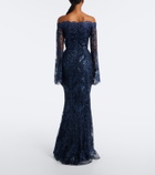Elie Saab Sequined off-shoulder lace bustier gown