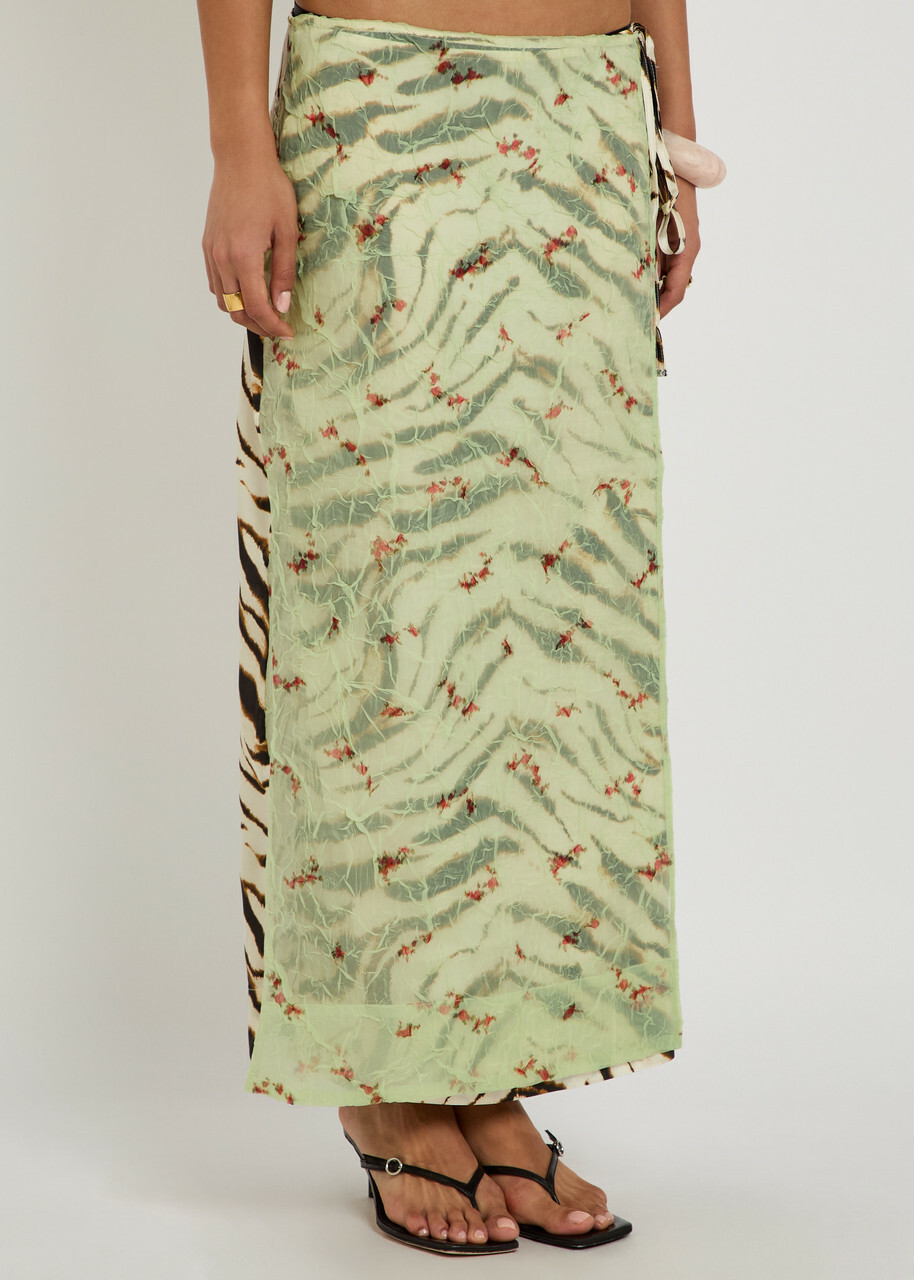 Ganni Zebra-print Layered Satin Maxi Wrap Skirt Multicoloured