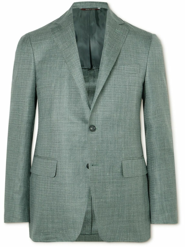 Photo: Canali - Kei Herringbone Wool, Silk and Linen-Blend Blazer - Green