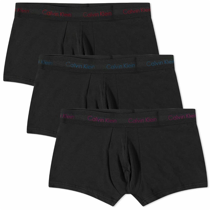 Photo: Calvin Klein Men's Low Rise Trunk - 3 Pack in Black/Bright Pink/Blue