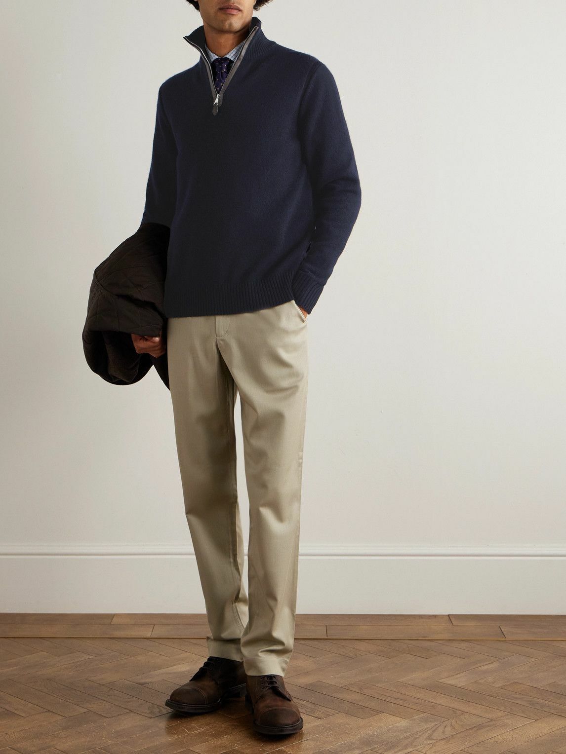 Purdey - Leather-Trimmed Cashmere Half-Zip Sweater - Blue