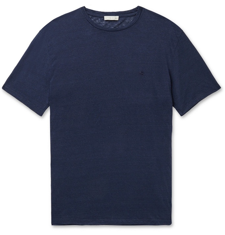 Photo: Etro - Logo-Embroidered Linen T-Shirt - Blue