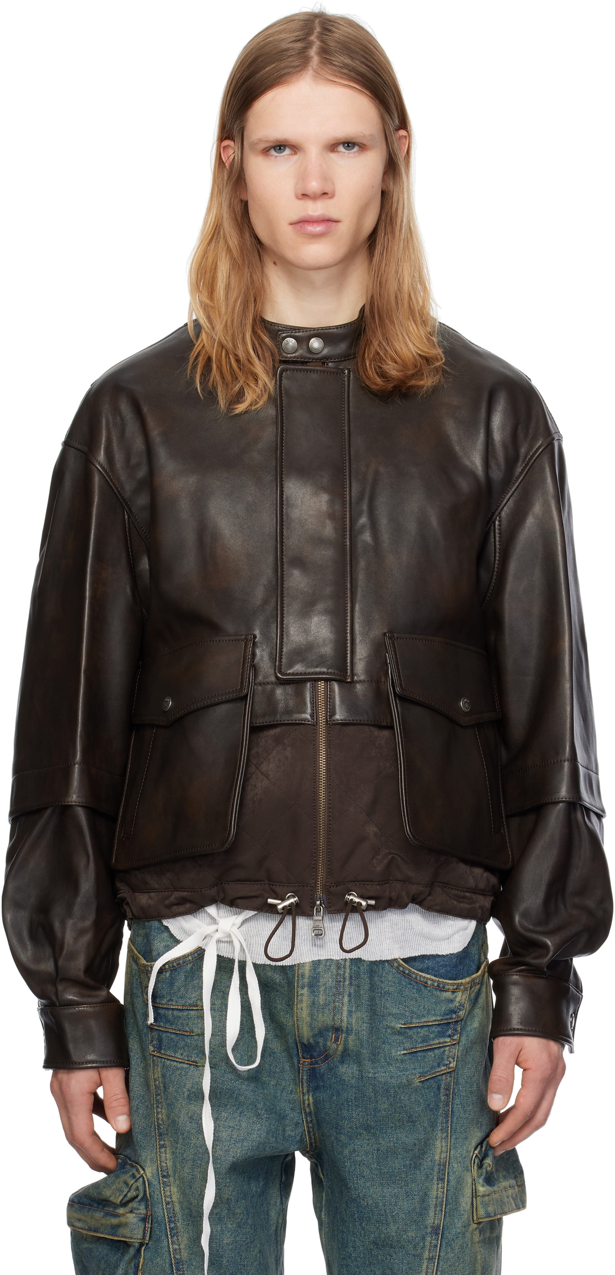 ANDERSSON BELLレザージャケット Brown & Off-White Faux-Leather & Sheer Rider Jacket by