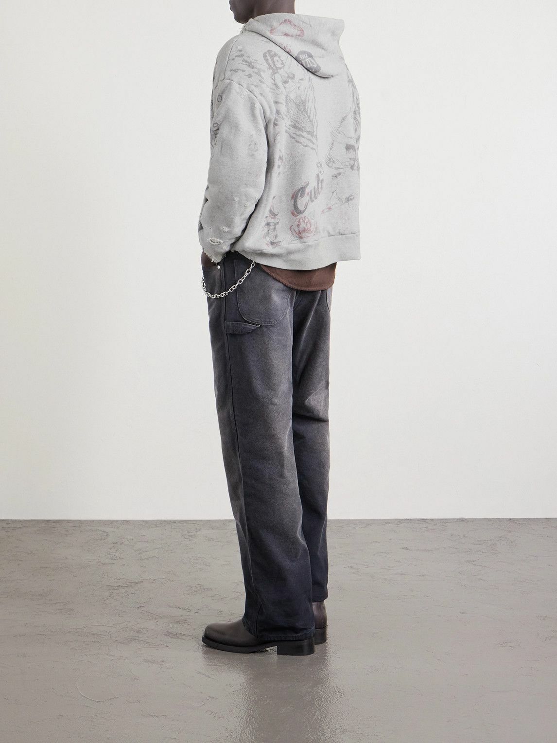 SAINT MXXXXXX - Printed Distressed Cotton-Jersey Hoodie - Gray