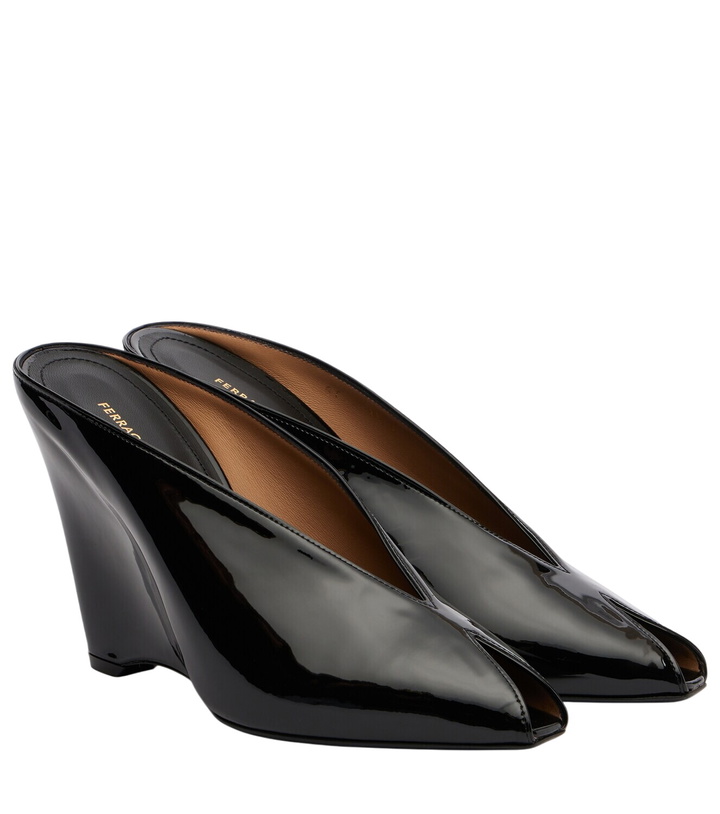 Photo: Ferragamo Alicia 95 patent leather wedge mules