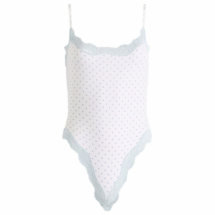 Photo: SKIMS Women's Fits Everybody Lace Cami Bodysuit in Slate Dot Print