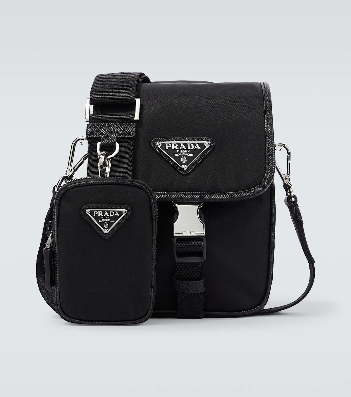 【PRADA】RE-NYLON AND LEATHER CROSSBODY BAG Prada Black Re-Nylon Brushed Leather Silver-Tone Triangle