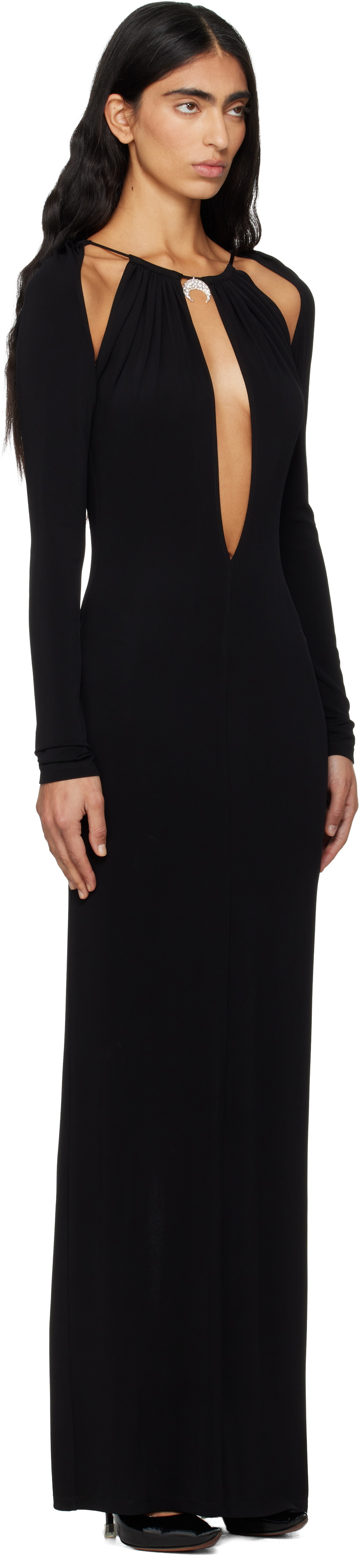 Marine Serre Black Draped Jersey Ls Maxi Dress