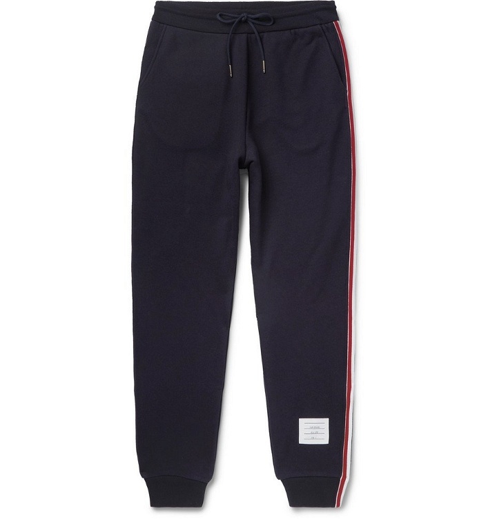 Photo: Thom Browne - Slim-Fit Grosgrain-Trimmed Loopback Cotton-Jersey Sweatpants - Navy