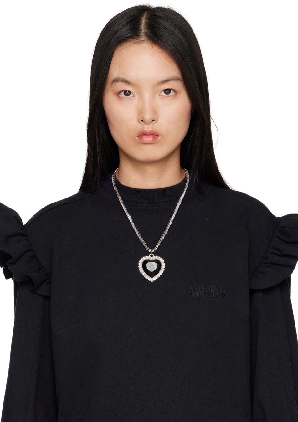 VETEMENTS Silver & Black Crystal Heart Necklace