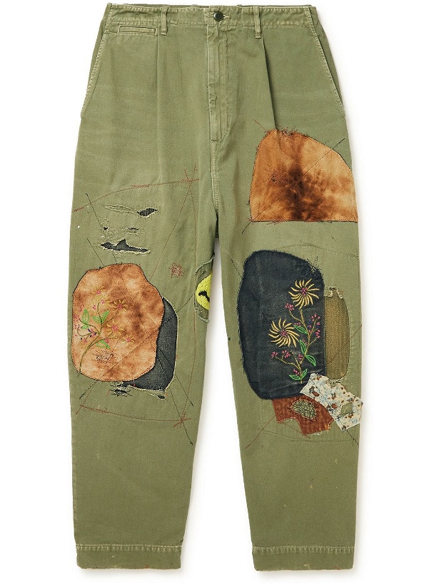 Photo: KAPITAL - Katsuragi Wide-Leg Patchwork Distressed Cotton-Twill Trousers - Green