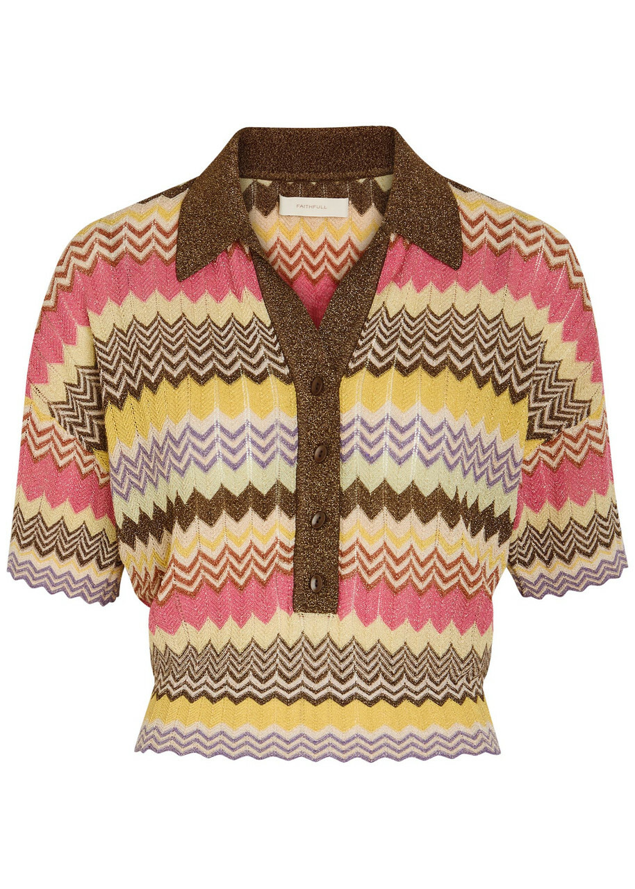 Faithfull The Brand Raya Chevron Pointelle Metallic-knit Polo top Stripe