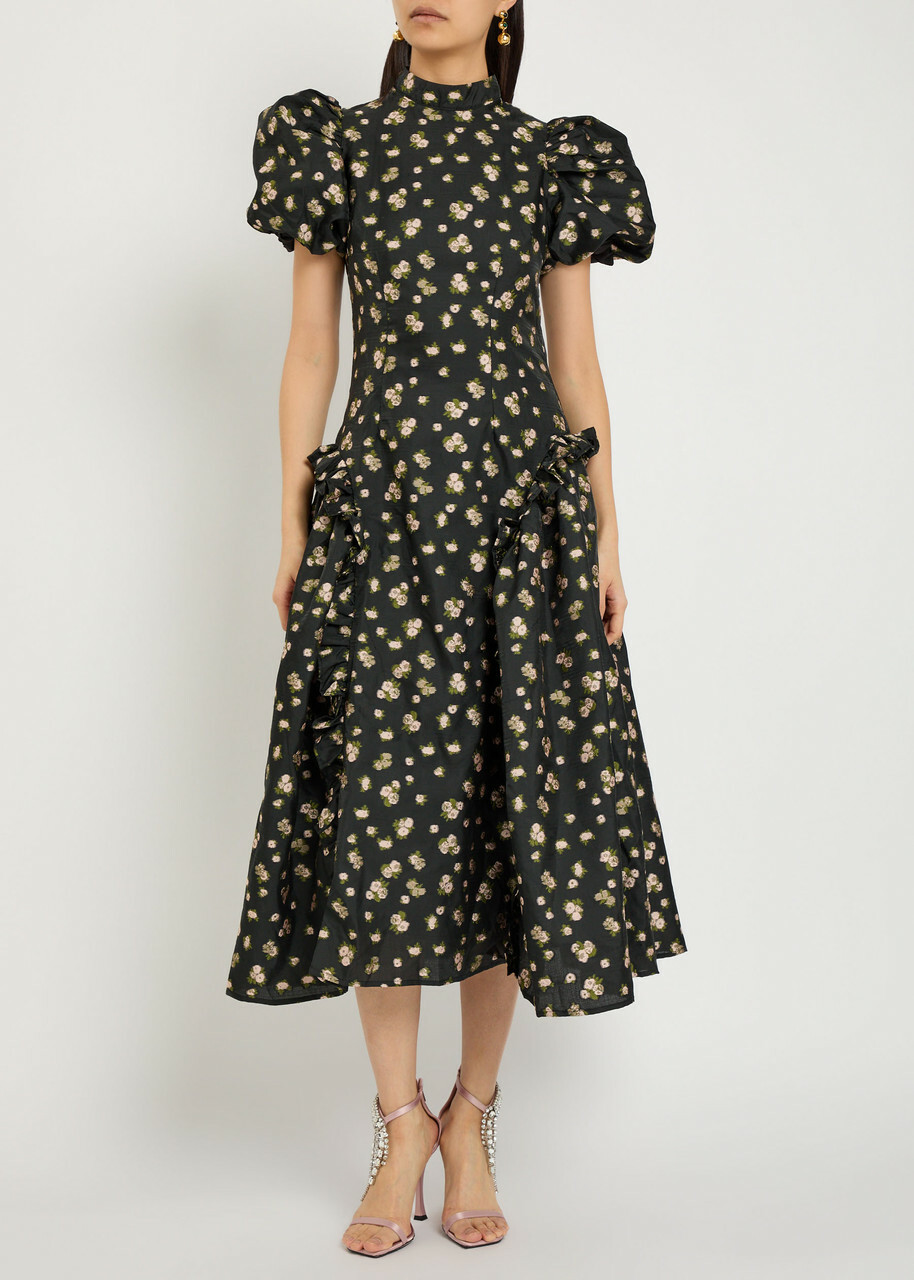 Sister Jane Tea Rose Floral-jacquard Woven Midi Dress Black