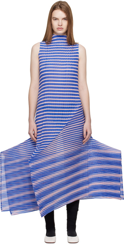 Photo: ISSEY MIYAKE Navy Generic Stripes Machine Pleats Midi Dress