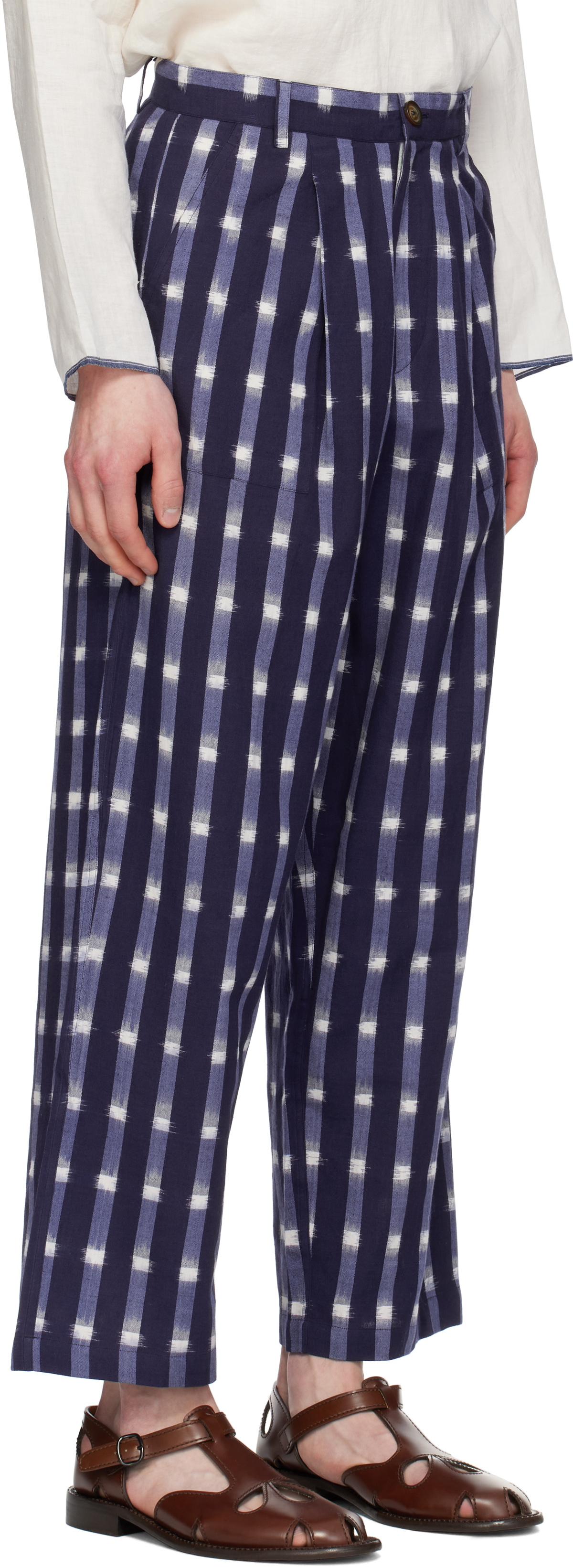 HARAGO Navy Ikat Wide Leg Pleated Trousers