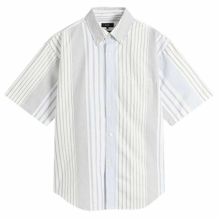 Photo: BEAMS Men's Oxford Button Down Half Sleeve Shirt in Blue Multi Stripe