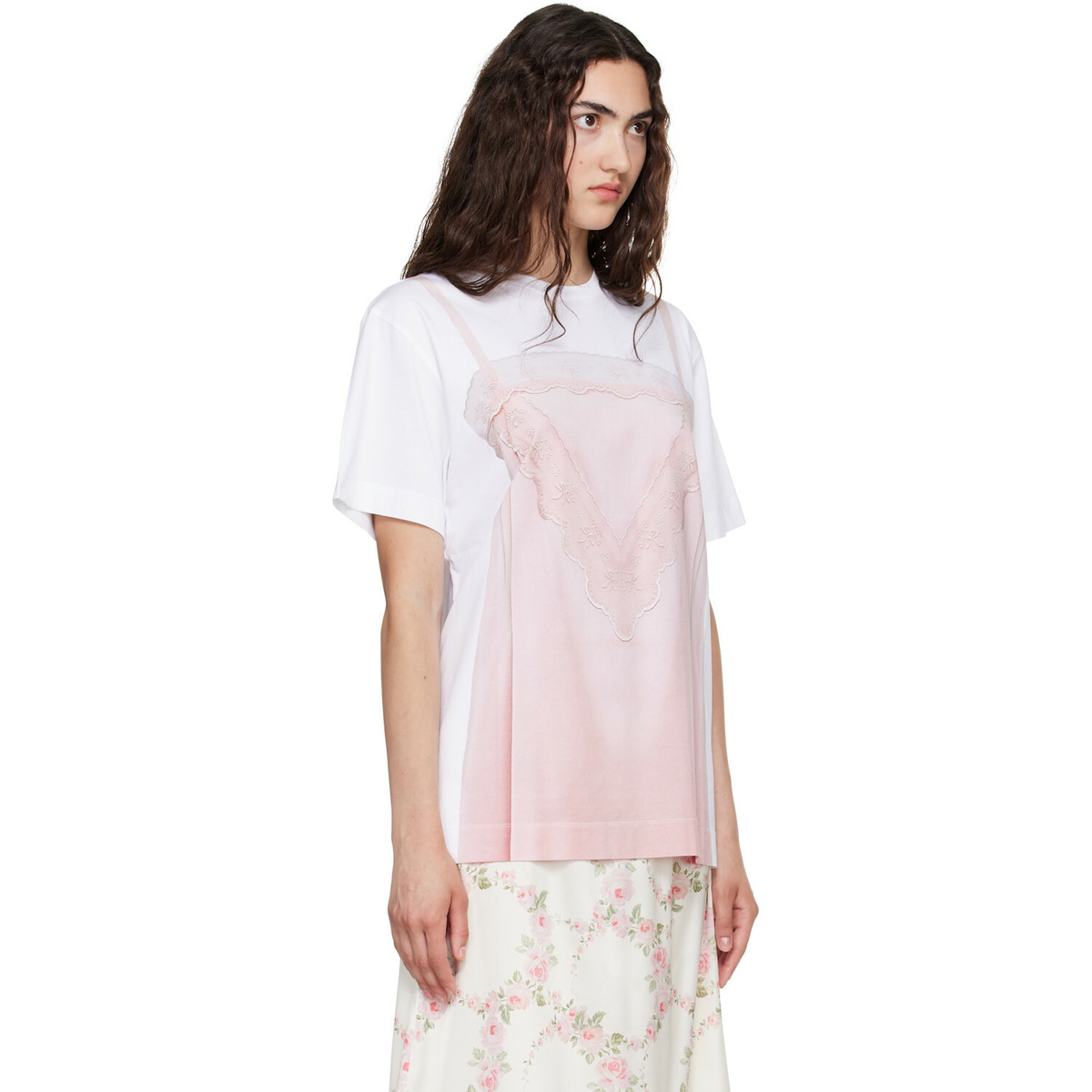 Simone Rocha White & Pink Bow Sash Slip Dress Trompe L'Oeil Print T-shirt