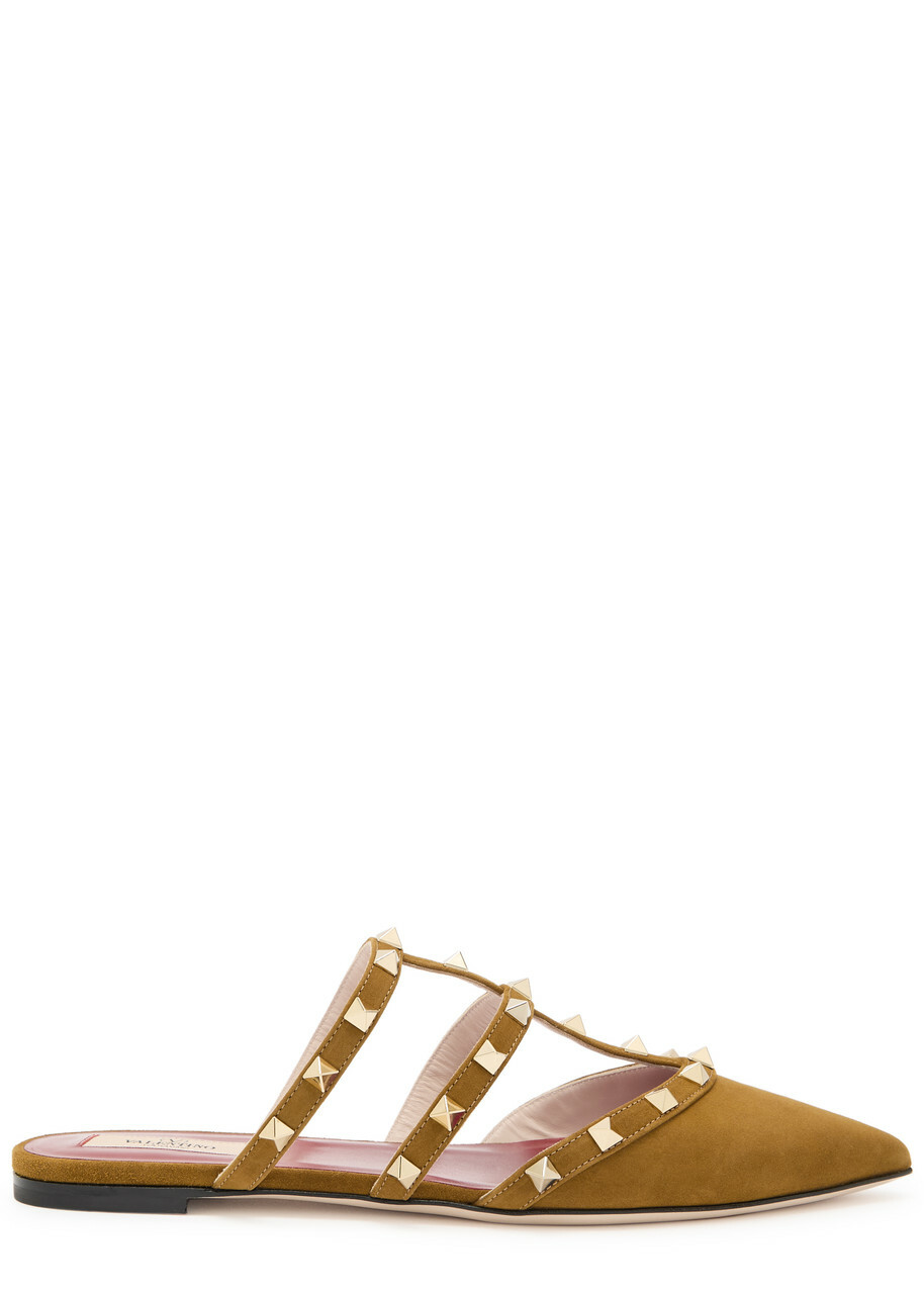 Valentino Garavani Rockstud Suede Mules Camel