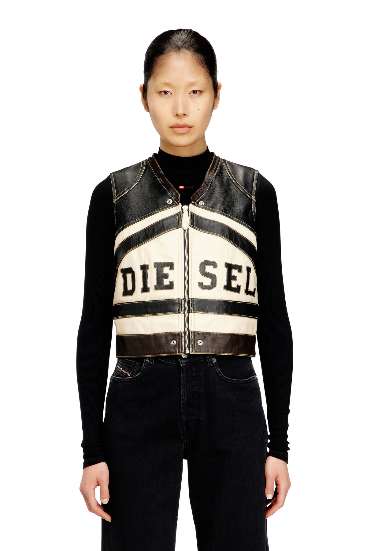 Diesel Leather vest with front logo and contrast stripes - Vests Womens in Multicolor