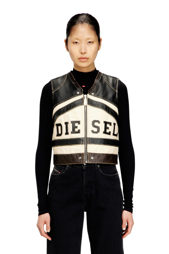 Photo: Diesel Leather vest with front logo and contrast stripes - Vests Womens in Multicolor