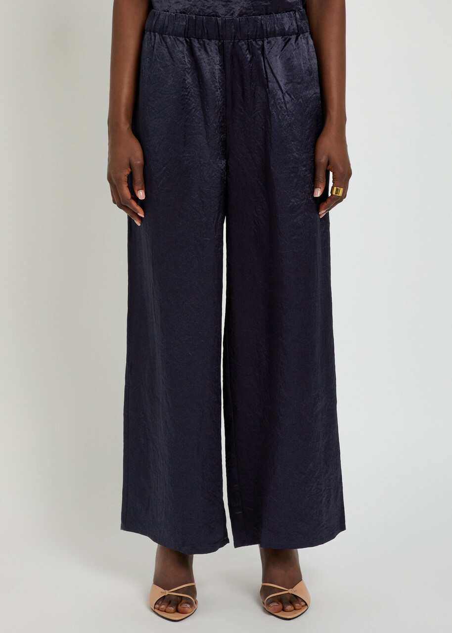 Eileen Fisher Crinkled Wide-leg Satin Trousers Dark Blue