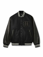 Wacko Maria - Leather-Panelled Striped Appliquéd Wool-Blend Varsity Jacket - Black