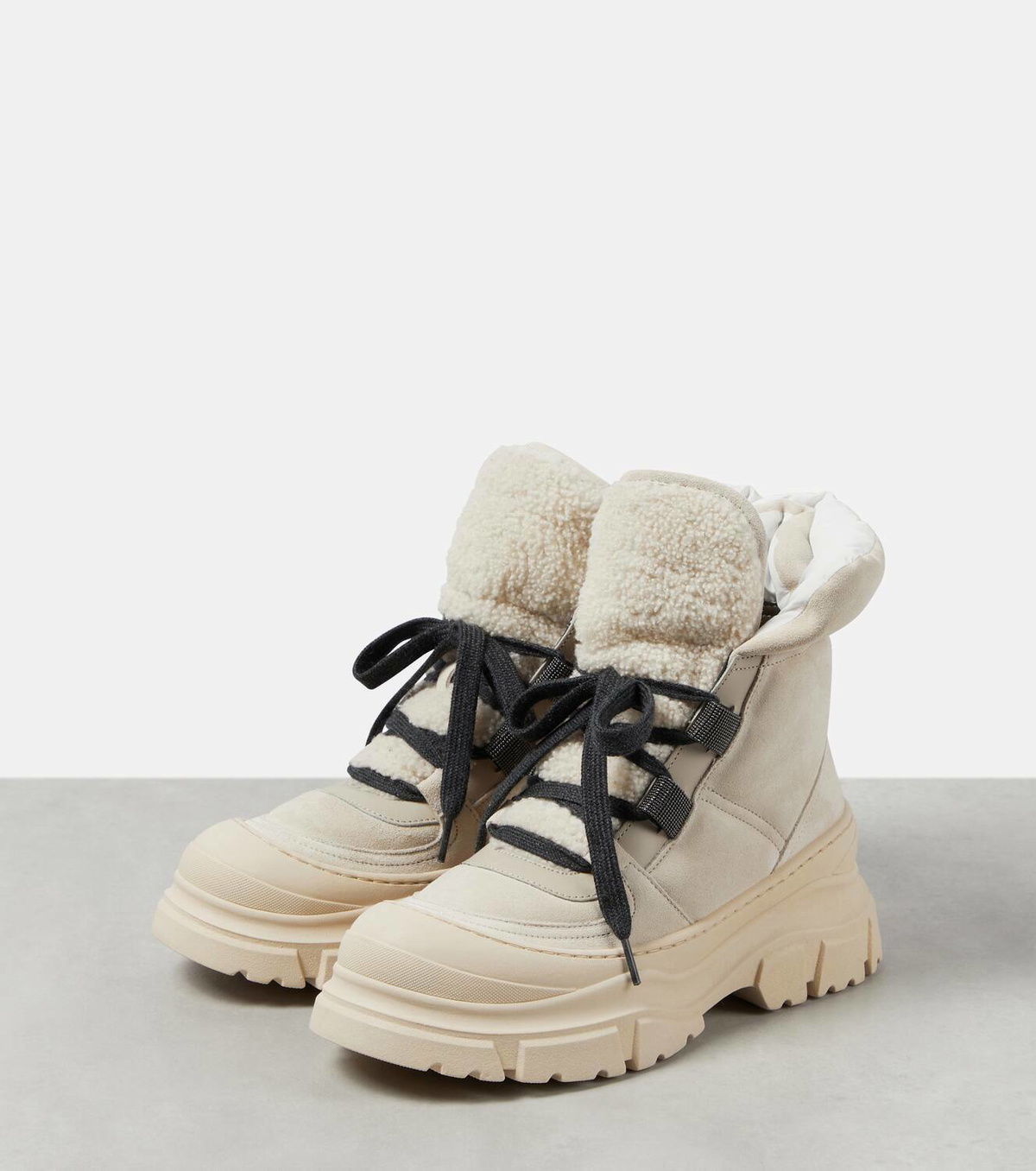 Bottines Brunello Cucinelli En Daim Taupe Avec Fourrure Sherling - Taille 40.5 - Neuf Avec Emballage - Fabriqué En Italie