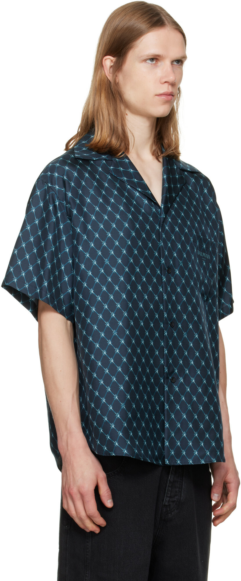 BALMAIN Navy Grid Print Silk Loose S/S Shirt