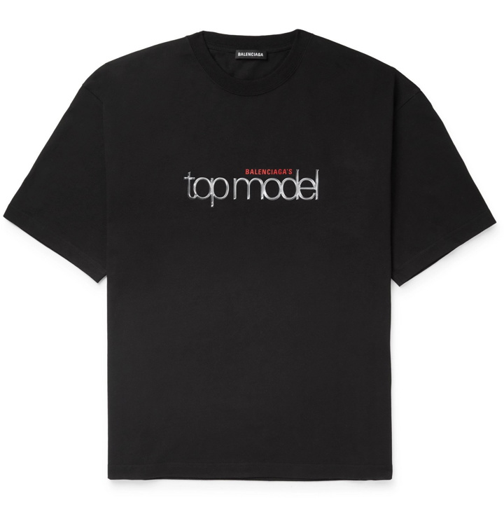 Photo: Balenciaga - Top Model Appliquéd Logo-Print Cotton-Jersey T-Shirt - Black