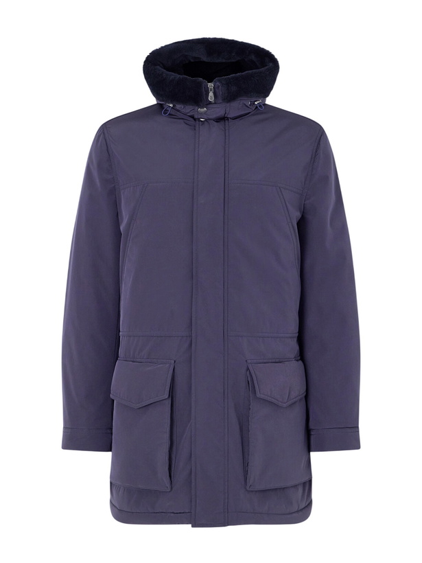Photo: Brunello Cucinelli - Hooded Padded Shearling-Trimmed Shell Coat - Blue