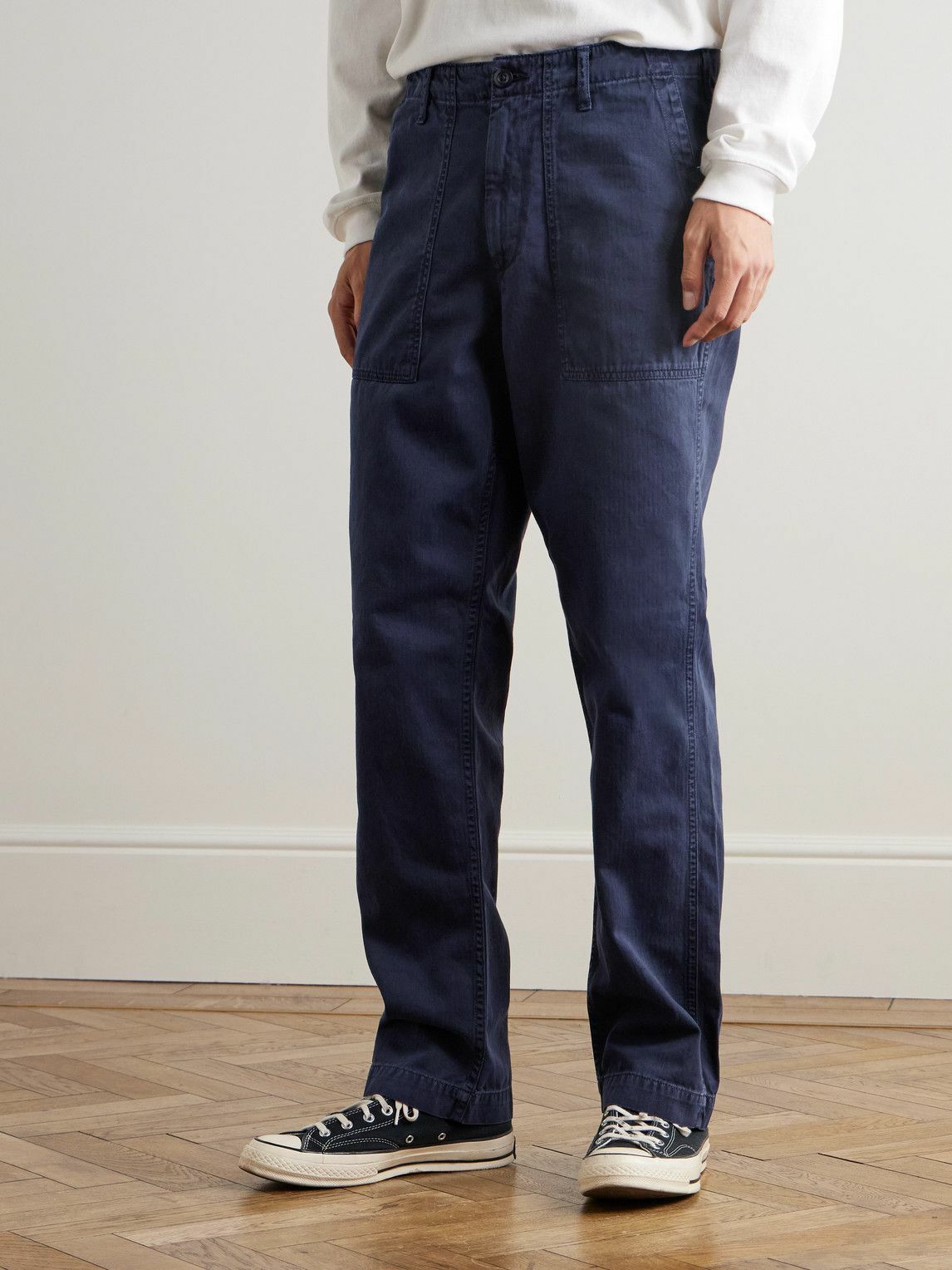 Hartford - Fatigue Straight-Leg Garment-Dyed Herringbone Cotton-Gabardine Trousers - Blue
