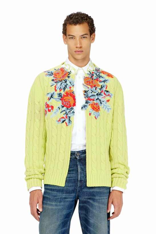 Photo: Diesel Open-front cardigan in floral cable knit - Knitwear Mens in Green