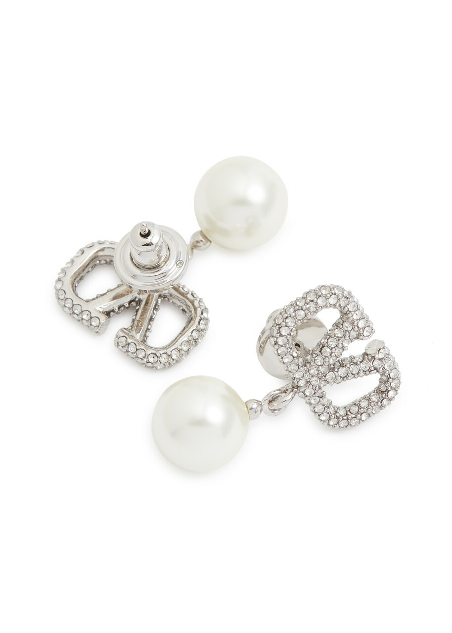 【VALENTINO GARAVANI】VLOGO クリスタル＆パールイヤリング Valentino Garavani VLogo Crystal and Pearl-embellished Drop