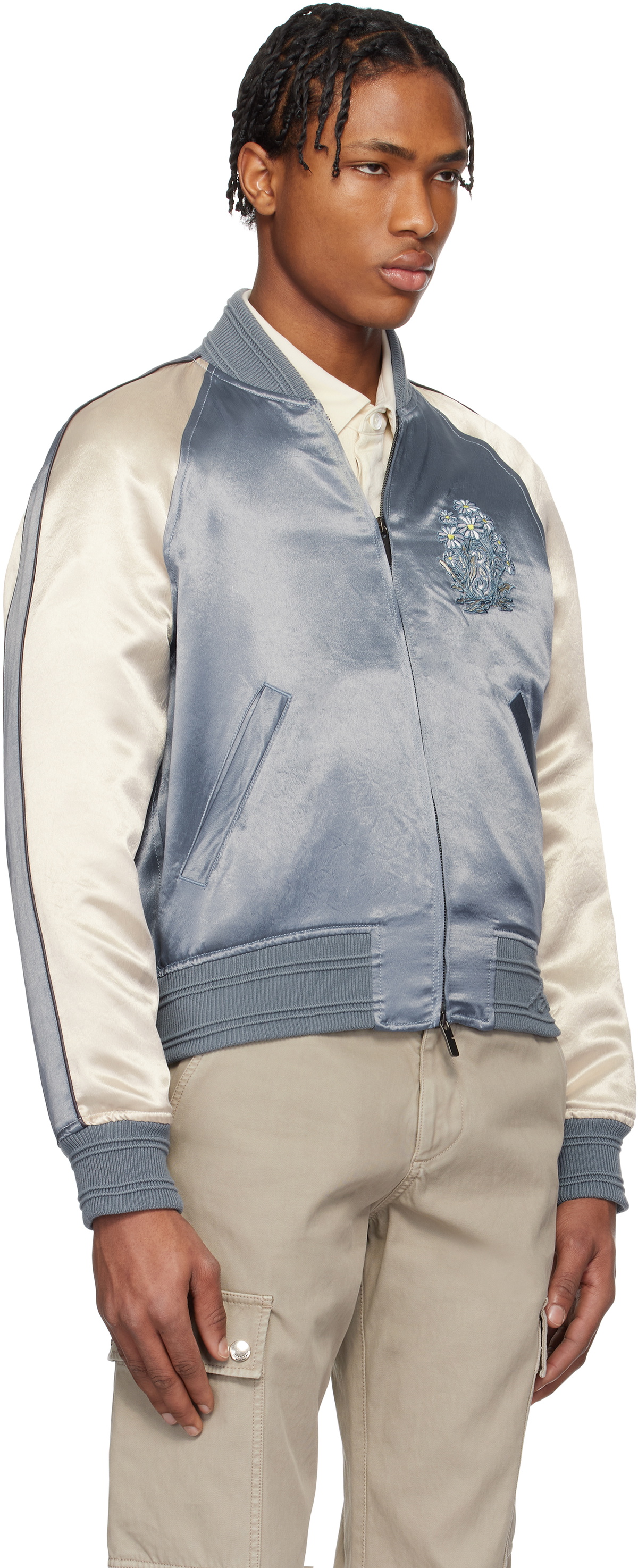 Burberry Blue & Off-White EKD Satin Bomber Jacket