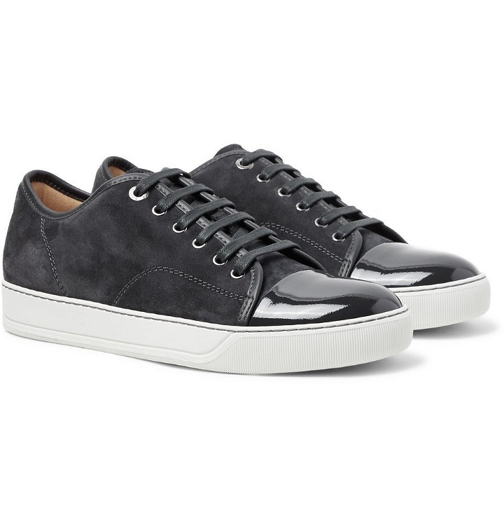 Photo: Lanvin - Cap-Toe Suede and Patent-Leather Sneakers - Men - Charcoal