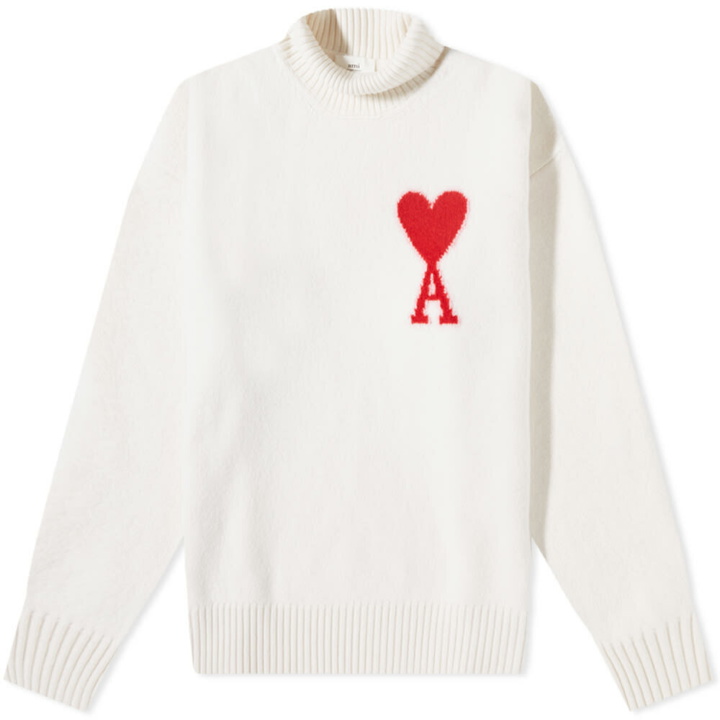 Photo: AMI Large A Heart Roll Neck Knit in Off-White/Red