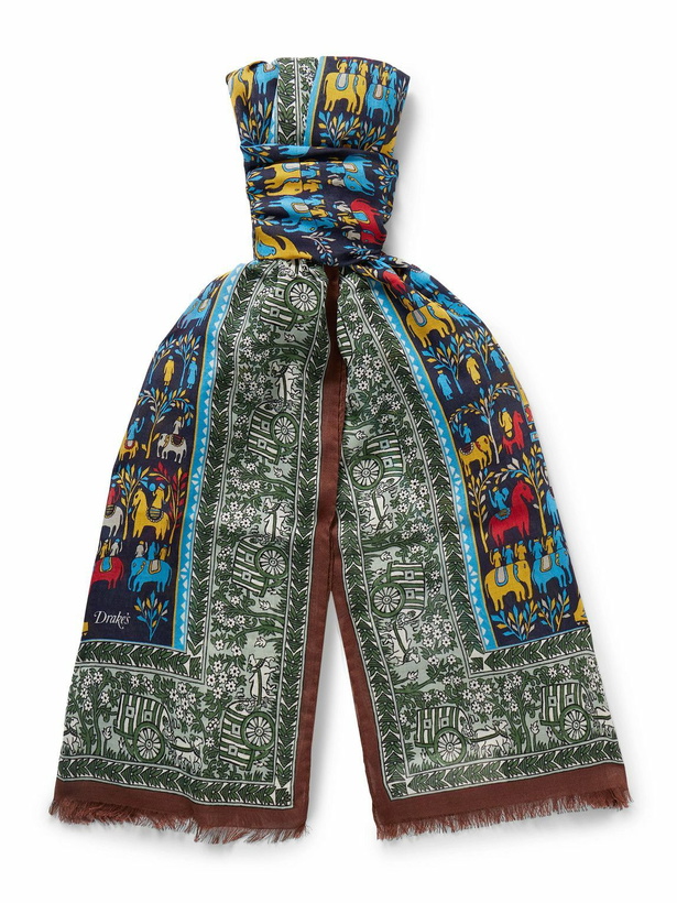Photo: Drake's - Frayed Printed Wool and Silk-Blend Scarf