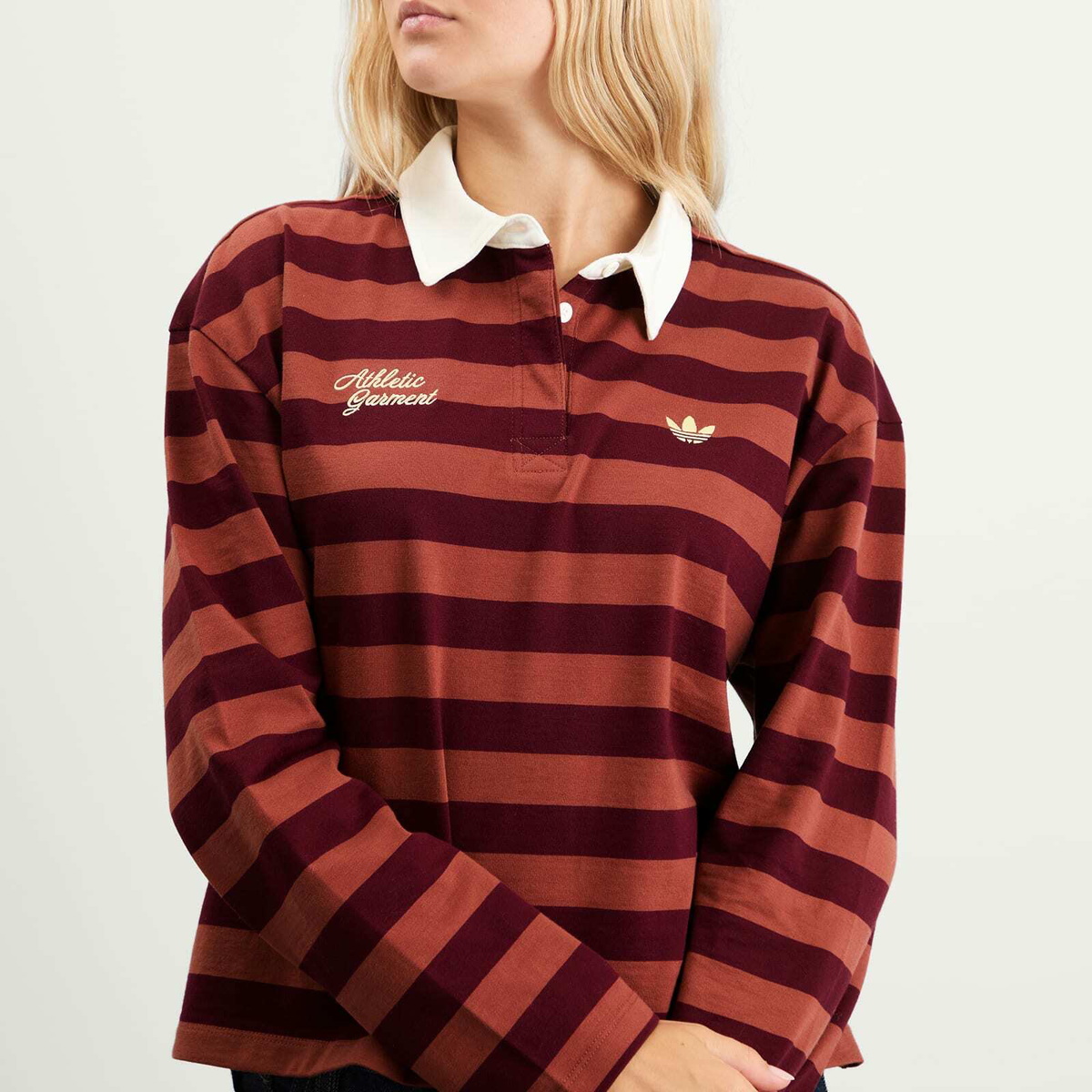 Adidas Women's Ls Gfx Polo in Maroon/Wild Sepia