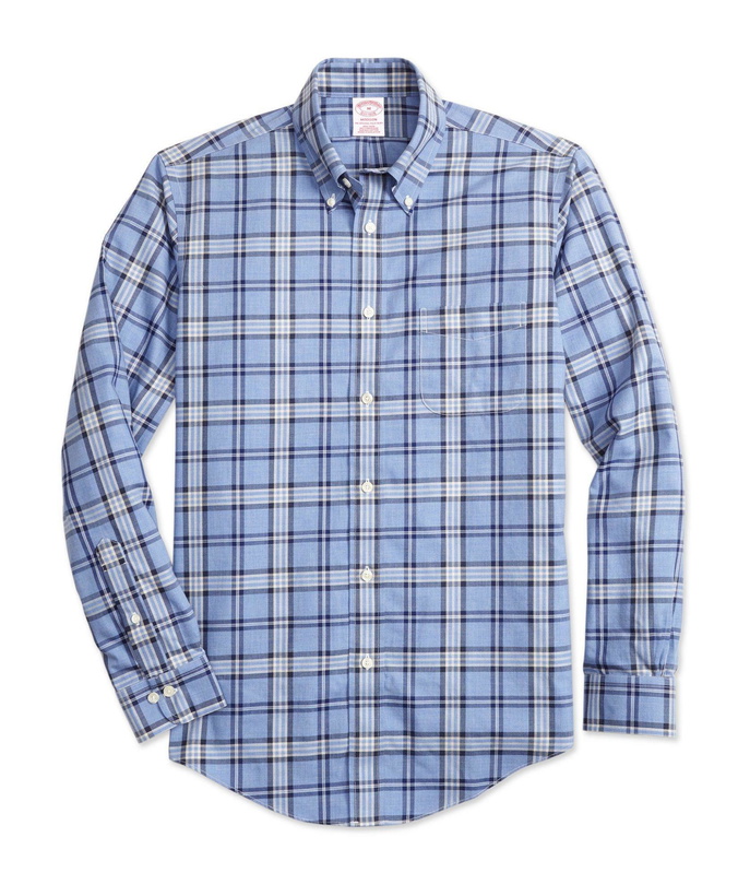 Photo: Brooks Brothers Men's Madison Relaxed-Fit Sport Shirt, Non-Iron Signature Tartan | Light Blue