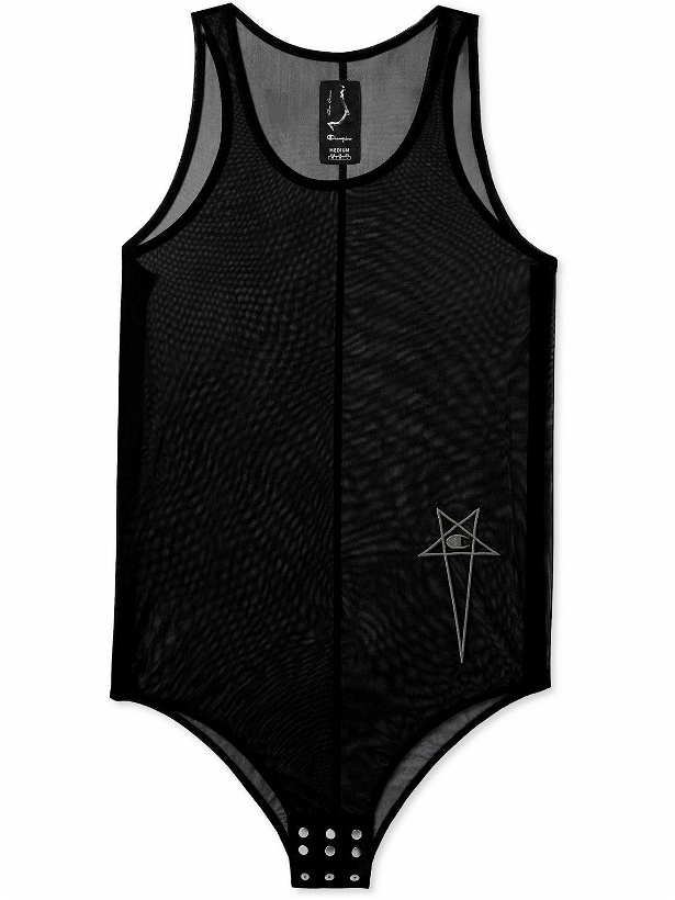 Photo: Rick Owens - Champion Basketball Logo-Embroidered Recycled-Mesh Bodysuit - Black