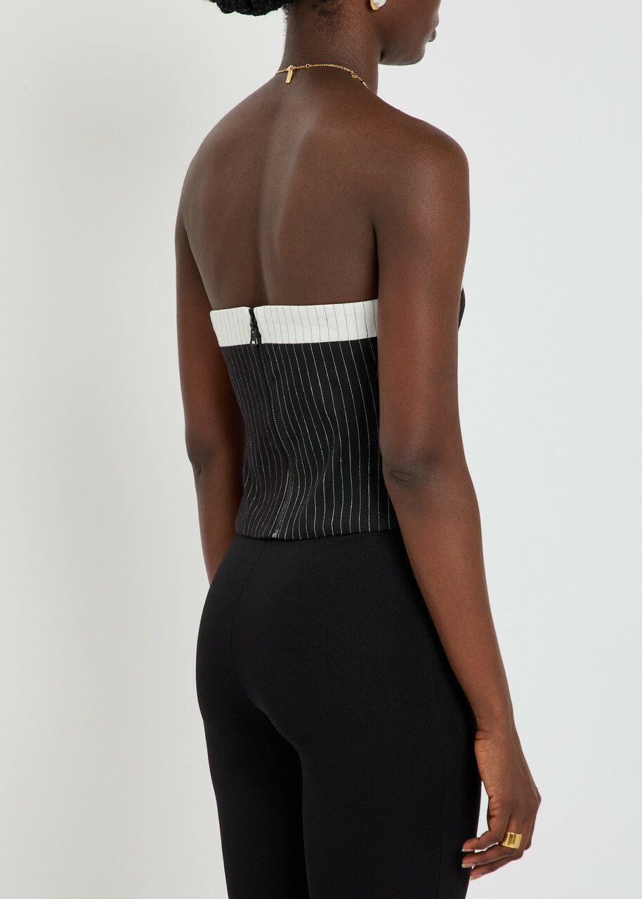 Alice + Olivia Kelly Pinstriped Strapless Linen-blend top Black And White