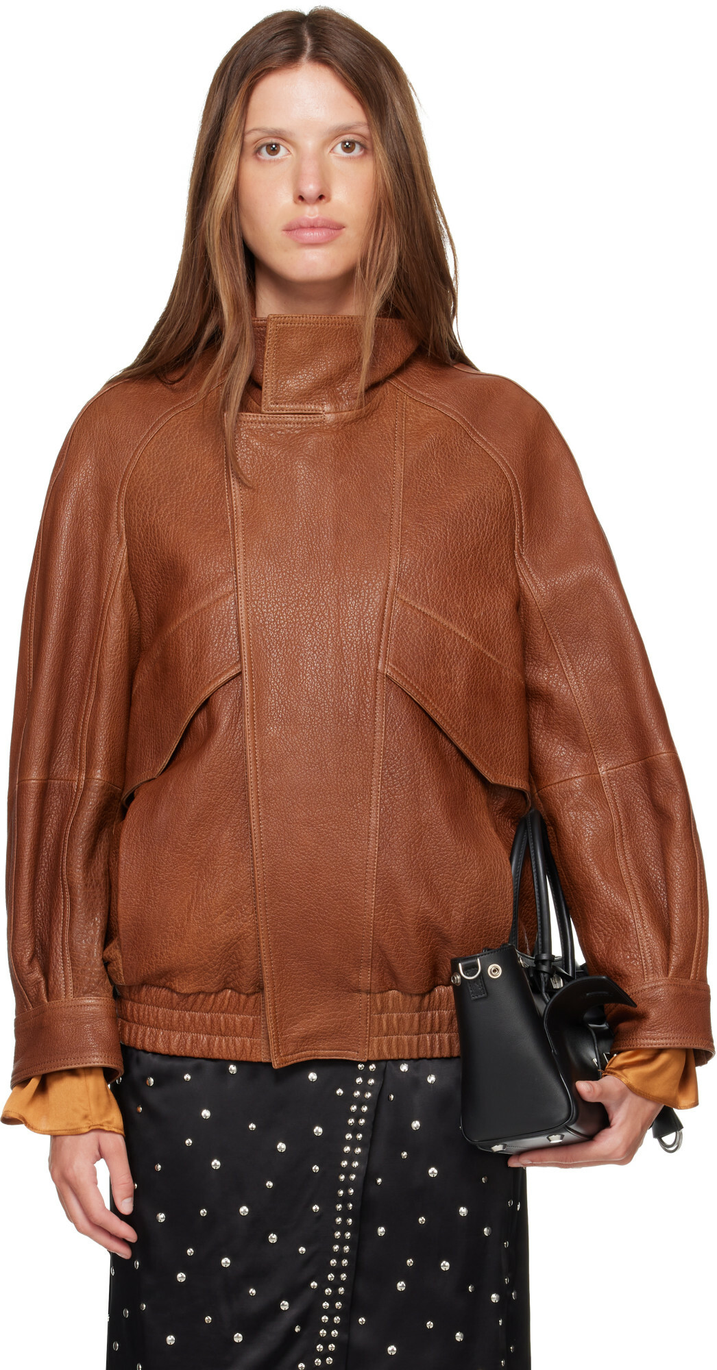 Nour Hammour Tan Ariste Leather Bomber Jacket